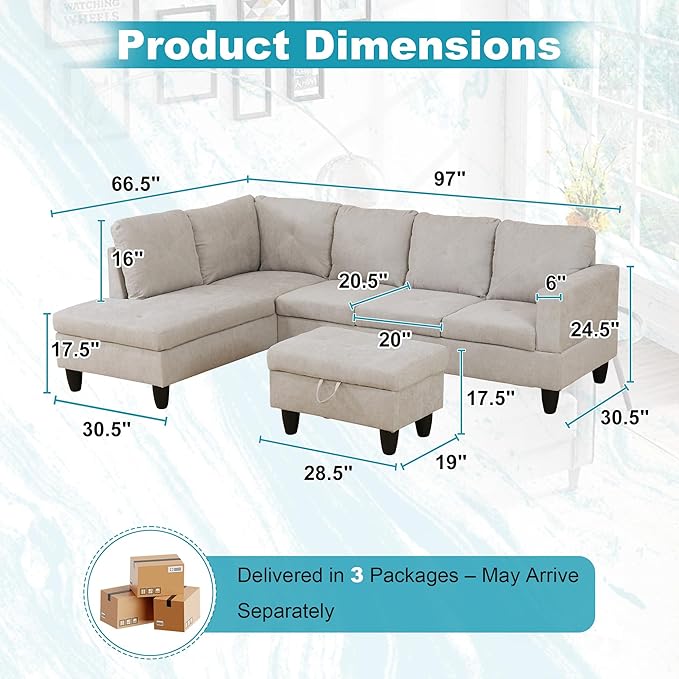 97" Oversized Sectional Couch, L Shaped Couch with Storage Ottoman, Modern Modular Sofa with Deep Seat, Sectional Couches for Living Room and Office, Off-White (Flannelette)
