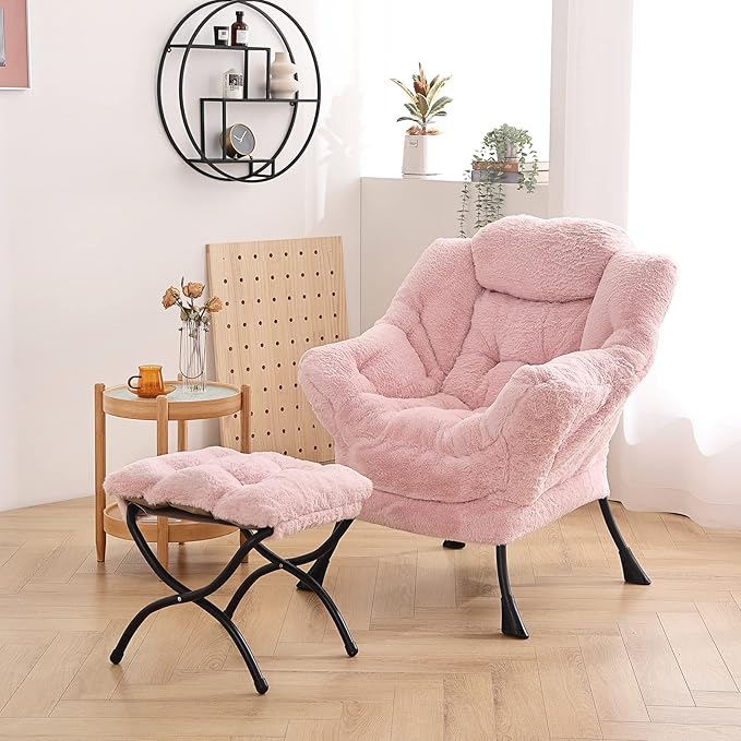 LITA Lazy Chair with Ottoman, Modern Accent Leisure Upholstered Sofa, Contemporary Lounge Reading Chair with Armrests and a Side Pocket for Living Room, Bedroom & Small Spaces, Plush Pink