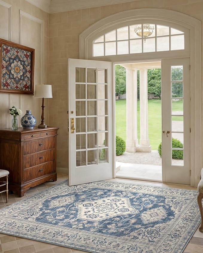 Lahome Oriental Area Rug, 3x5 Washable Rugs for Living Room Non Slip Entry Mat, Vintage Soft Pet Friendly Throw Carpet for Entryway Bedroom Dinning Room, Blue
