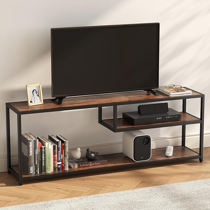 TECHMILLY Modern TV Stand for 55" TV, TV Table with Storage Shelves, Entertainment Center with Metal Frame, TV Console Table for Living Room, Bedroom, Rustic Brown