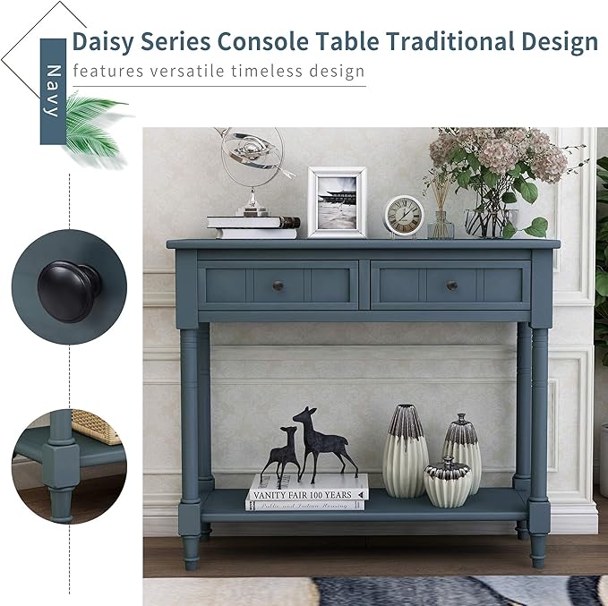 Bellemave Console Table with Drawers, Retro Entryway Table with 2 Drawers and Open Storage Shelf, Narrow Long Sofa Table, Behind Couch Table for Living Room, Foyer and Hallway,Navy