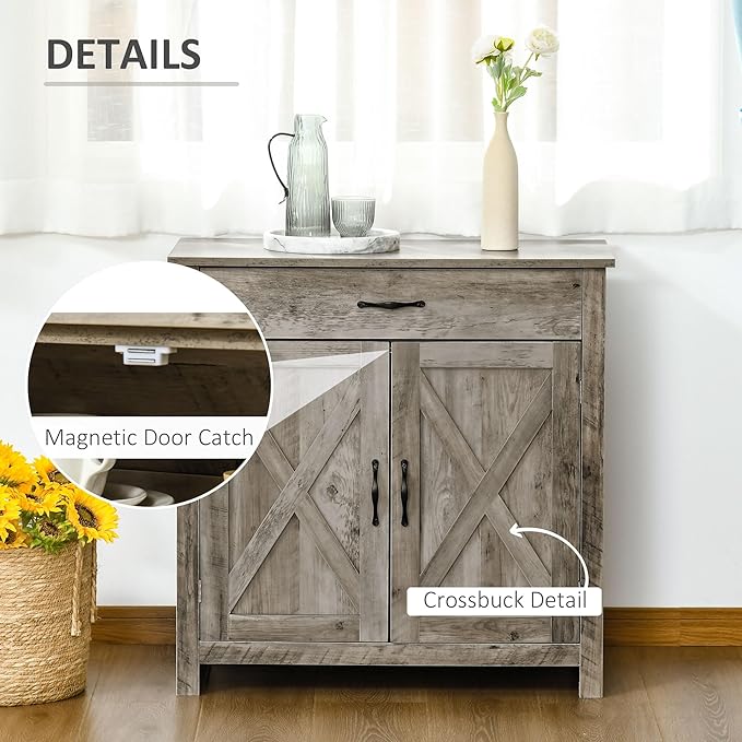 HOMCOM Farmhouse Sideboard Buffet Cabinet, Barn Door Coffee Bar Cabinet with Drawer and Adjustable Shelf, for Living Room, Entryway, Gray