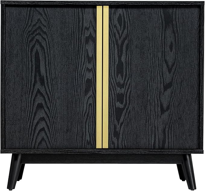 Sango Cortland 2-Door Accent Cabinet, Sleek Black Storage Cabinet with Brass Handles, Adjustable Shelf, Minimalist Mid-Century Modern Design, Stylish & Functional Furniture for Living or Dining Room