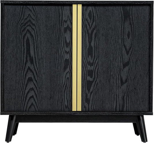 Sango Cortland 2-Door Accent Cabinet, Sleek Black Storage Cabinet with Brass Handles, Adjustable Shelf, Minimalist Mid-Century Modern Design, Stylish & Functional Furniture for Living or Dining Room
