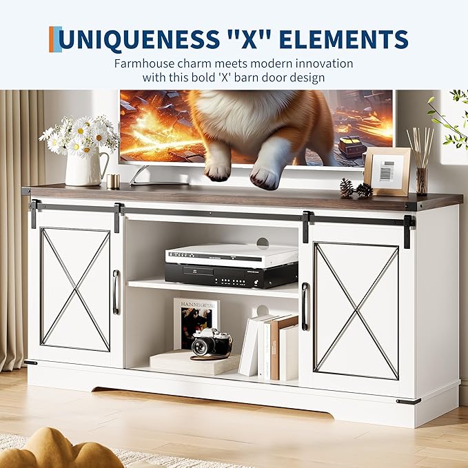 GarveeHome Farmhouse TV Stand for TV up to 65 Inches and Entertainment Center with Sliding Barn Doors, Tv Media Console Table with Storage Cabinet for Living Room, Bedroom, White & Brown