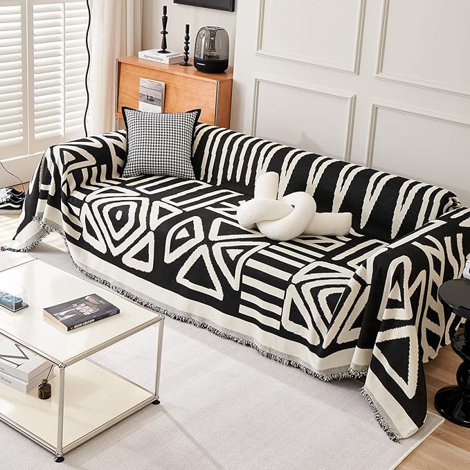 STACYPIK Modern Boho Sofa Cover for Dogs Chenille Couch Cover with Tassels Reversible Anti Slip Sofa Slipcover for 3 Cushion Couch Soft Black Beige L Shaped Cover Multi-Use Throw Blankets-71X134IN