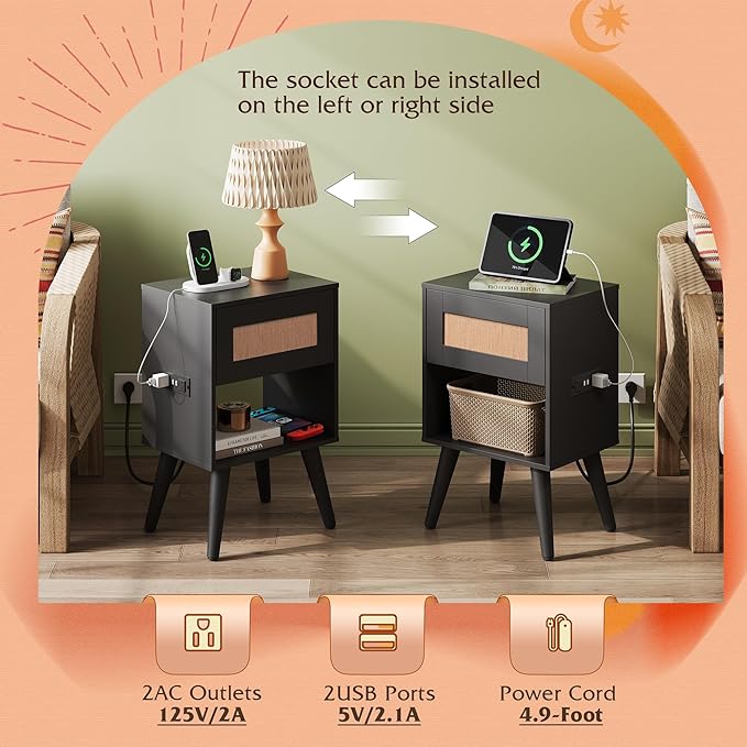 WLIVE Black Rattan Night Stand with Charger Station, Small Side Table Drawer Storage and Shelf, Mid Century Nightstands with Rattan Decor, Small Side Table for Bedroom, Black