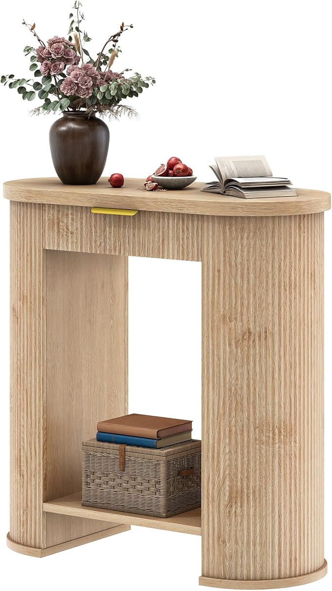 YITAHOME 31.5" Farmhouse Console Table for Entryway, Entry Hallway Foyer Table with 2 Drawers and Storage Shelf, Large Sofa Behind Couch Fluted Elliptical Desk for Hallway Living Room, Oak Color