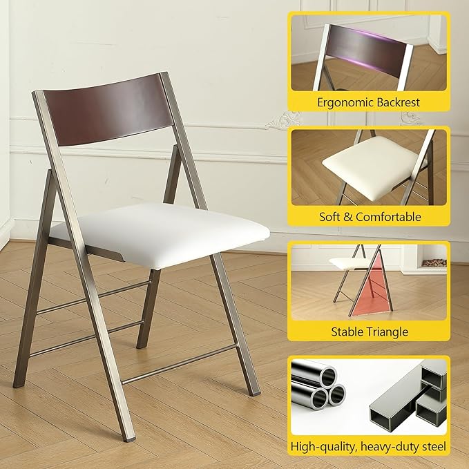 Folding table and chair set, dining table with extra large storage space and 4 universal wheels, matched with padded steel frame folding chairs, space-saving dining table and 4 chairs (White)