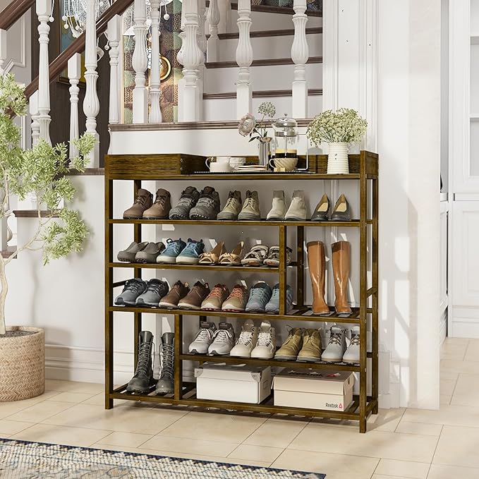 Bamworld Shoe Rack for Front Door Entrance Bamboo Shoe Organizer with Storage Box Free Standing Shoe Cabinet Wooden Shoe Storage Shelf for entryway, Closet and Doorway (Dark Brown)