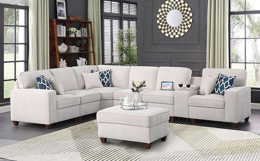 127" L-Shaped Sectional Couch with Movable Ottoman & 6 Throw Pillows,7 Seat Chenille Upholstered Sofa W/2 Cup Holder,USB Port & Hidden Storage Box,DIY Combination,for Living Room,Apartment,Beige