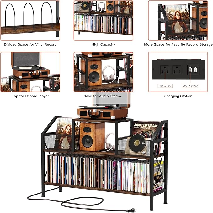 Homeiju Record Player Stand Holds up to 500 Albums,Turntable Stand with Vinyl Record Player Storage Cabinet,Large Record Player Table Vinyl Album Storage（Patent Pending）
