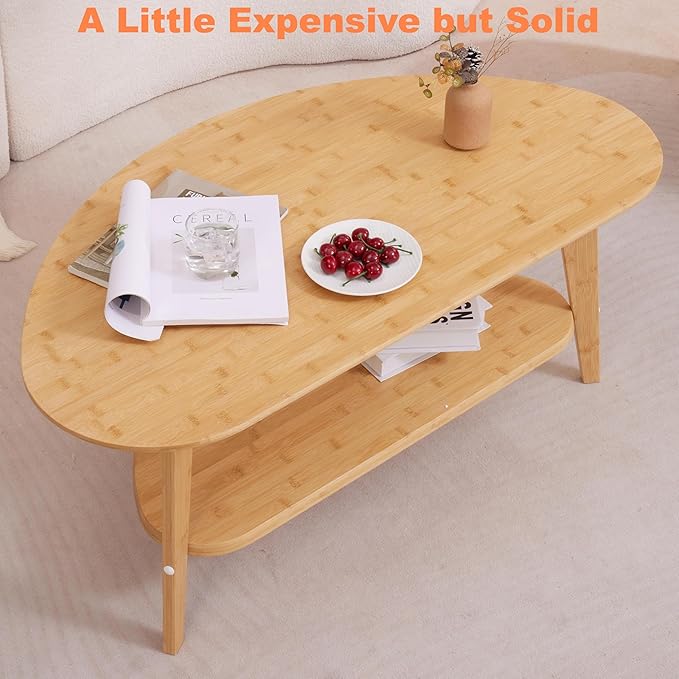 Mid-Century Modern Coffee Table for Living Room, 100% Solid Wood Oval Coffee Table, 2 Tier Wooden Coffee Tables for Home Office Livingroom, 40.2 x 22 Inches Easy Assemble (Natural)