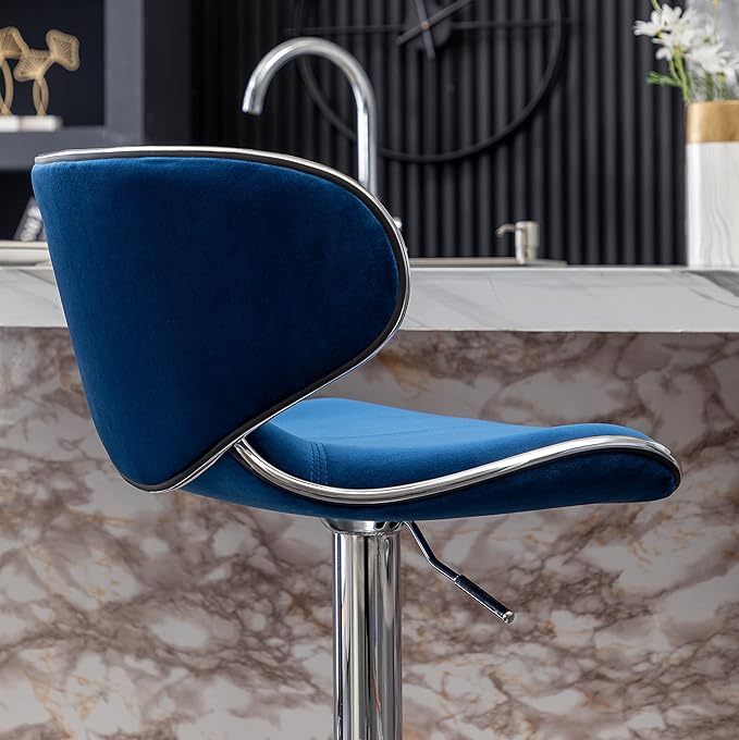 Roundhill Furniture Masaccio Velvet Upholstered Adjustable Swivel Barstool, Set of 2, Blue