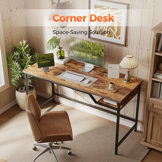 Computer Desk 55 X 24 inch, Gaming Desk for Small Spaces, Modern Simple Style Table for Home Office, Study Student Writing Table (Shelf, Rustic Brown, 55 inch)