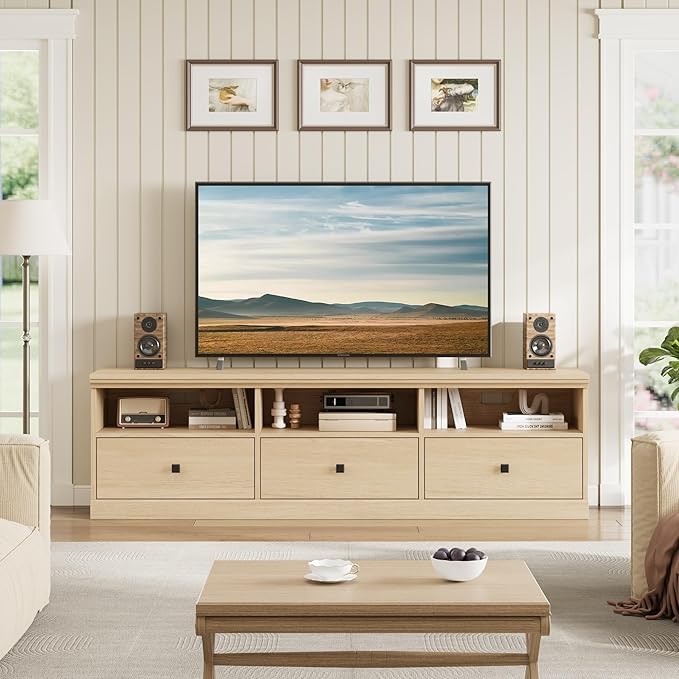 GarveeHome TV Stand for 65/70/75 Inch TV, Entertainment Center with Storage Drawer, Mid-Century Modern TV Console with Open Shelves, 70in Media TV Cabinet for Living Room, Bedroom, Light Oak