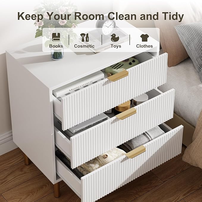 White Dresser, Modern 3 Drawer Dresser for Bedroom with Gold Handle and Large Drawer, Wood Double Chest of Drawers and Storage Organizer for Living Room, Hallway, Entryway