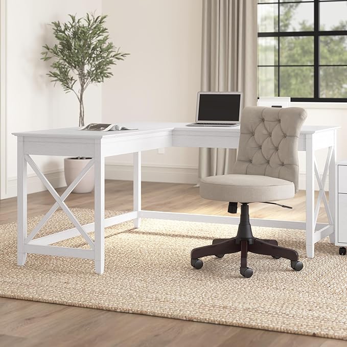 Bush Furniture Key West 60W Modern Farmhouse L Shaped Desk in Pure White Oak | 60-Inch Corner Table Workstation for Home Office