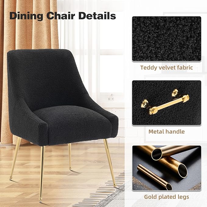 Dining Chairs Medieval Modern Restaurant Chairs, Soft Cushions, Teddy Velvet, Polished Gold Metal Legs, Kitchen Chairs, Living Room Black 2-Piece Set