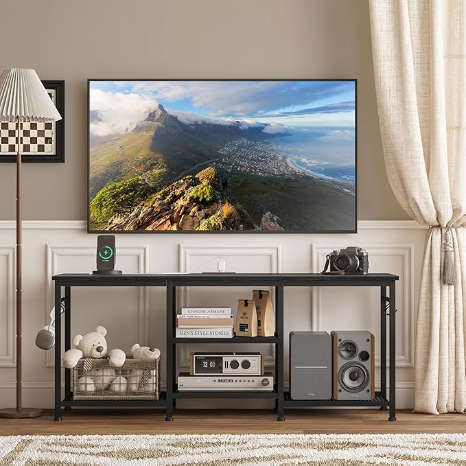 YGEOMER Entertainment Center for 55 inch TVs, TV Stand with Power Outlet and Open Storage Shelves, TV Media Console Table for Living Room and Bedroom,Black