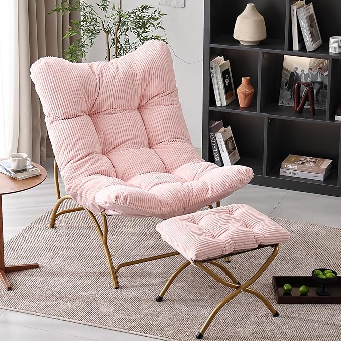 Welnow Accent Chair with Ottoman, Lounge Comfy Soft Leisure Metal Frame Reading Chair with Footrest, Upholstered Thick Cushion Seated Recliner Sofa for Living Room, Bedroom, Dorm, Pink