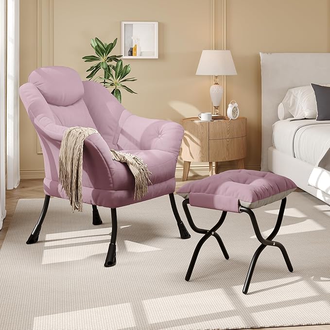 IDEALHOUSE Lazy Chair with Ottoman - Modern Living Room Chairs for Small Spaces, Ergonomic Reading Chair with Armrests, Comfy Chair with Ottoman for Bedroom & Living Room, Pink