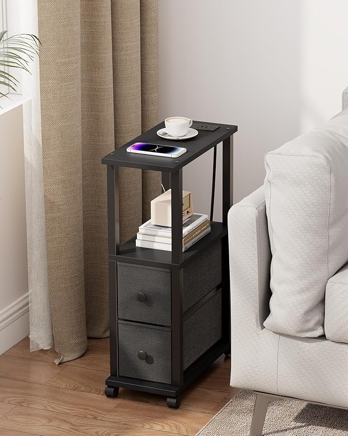 TUTOTAK Small Narrow End Tables, Side Tables with 2 Fabric Drawers, Set of 2, Bedside Tables with Charging Station for Small Spaces, Slim Nightstands with USB Ports and Wheels, TB01BK053