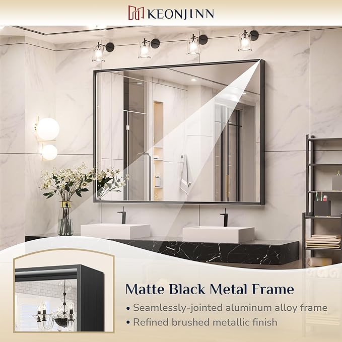 Keonjinn Black Bathroom Mirror 48” x 40” Wall Mirror for Bathroom Vanity Large Metal Frame Rectangle Mirror for Over Sink Rectangular Farmhouse Square Corner Framed Mirror(Horizontal/Vertical)
