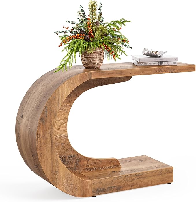 LITTLE TREE 43.3 Inches Farmhouse Console Table, 2-Tier C-Shaped Sofa Table Behind The Couch, Wooden Entryway Table Narrow Hallway Foyer Table for Living Room, Entrance, Brown