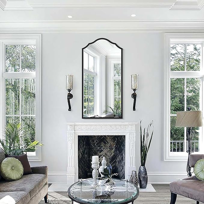 Arched Bathroom Mirror for Wall, 48"x24" Long Scalloped Entryway Mirror with Black Decorative Metal Frame for Living Room, Bedroom, Entryway