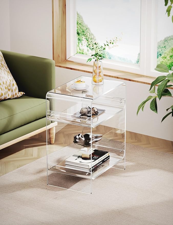 Acrylic Record Player Table with Storage Shelf, Clear Side Table Nightstand (Clear)
