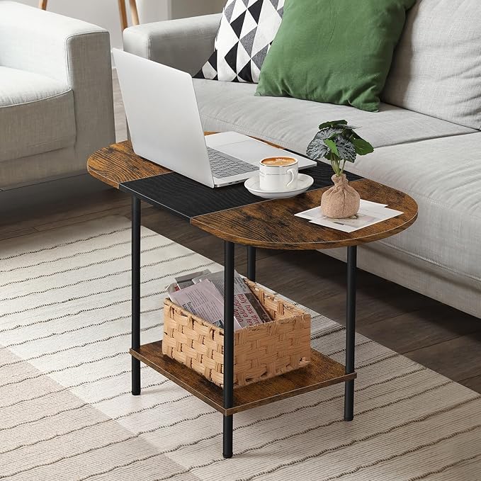 OYEAL Small Round Coffee Table for Living Room Farmhouse Oval Center Table Circular Coffee Table with 2-Layer Storage and Opening Shelf for Display,Small Space,Home Office,Black & Brown