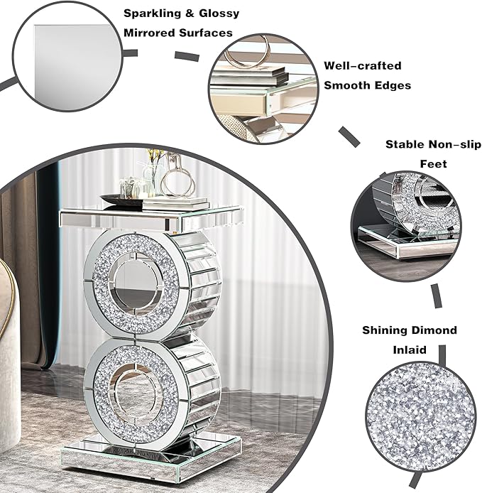 ENENE Mirrored End Table Crushed Diamond Coffee Table for Living Room Small Spaces Side Table for Bedroom Office Hallway Entryway