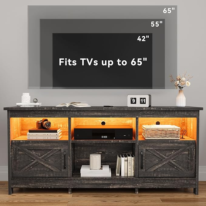 DWVO TV Stand for up to 65 Inch TV, Entertainment Center with Storage, TV Cabinet with Power Outlet & LED Light Strip, Media Console Television Stands for Living Room, Dark Rustic Oak