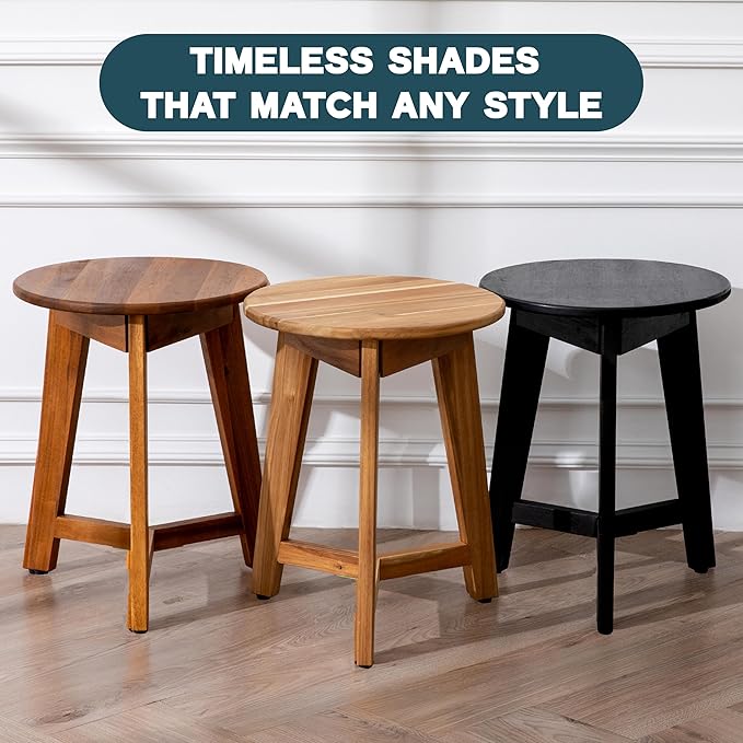 Round Side Table – Solid Acacia Wood End Table for Living Room or Bedroom – Black Wood Finish, Compact Nightstand or Accent Table for Sofas & Beds (13 x 16 x 13 Inches)