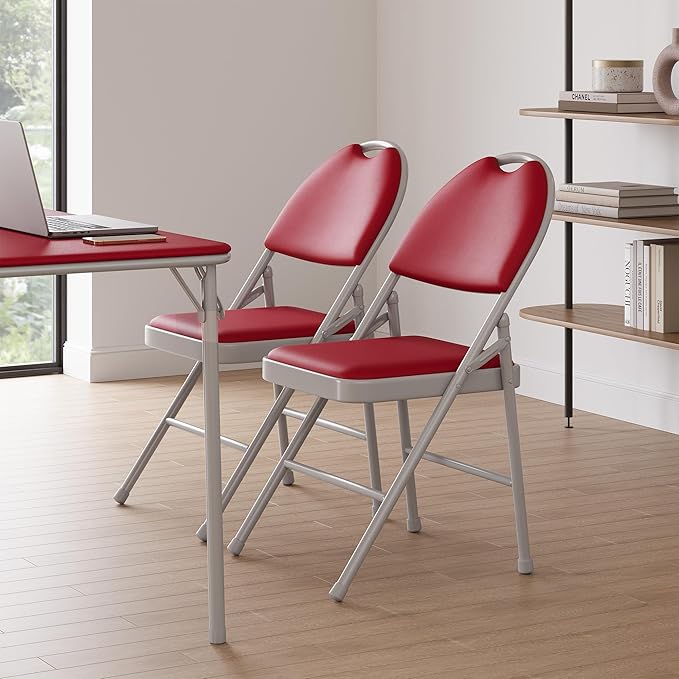 GarveeHome 2 Pack Folding Chairs with PU Leather Padded Cushion and Back, Metal Foldable Chair for Indoor Outdoor, Commercial Stackable Guest Chairs for Camping, Dining Room, Office, Party, Red