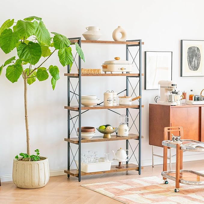 Bookshelf, 5 Tier Book Shelf, Industrial Tall Bookcase for Living Room, Home Office and Kitchen