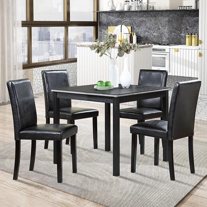 KEIKI 5-Piece Standard Height Dining Table Set with Square Table and 4 Upholstered Chair, for 4 Person, Classic Crystal Decoration Wood Table Set, Easy Assembly, for Kitchen, Dining Room, Black