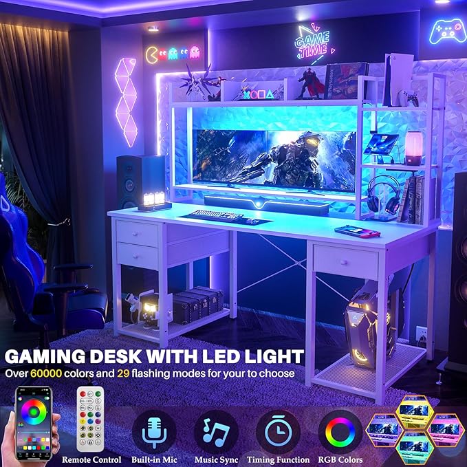 Aheaplus LED Gaming Desk with Hutch, 55.2" Workstation - White