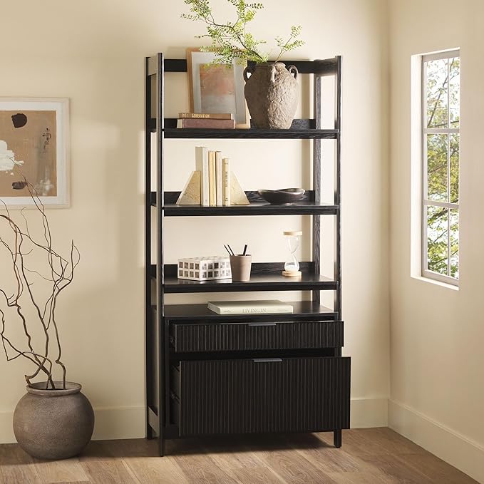 Walker Edison Transitional Open Reeded 4-Shelf Bookshelf with Drawers Versatile Bookcase with Bottom Storage for Home Office, Living Room, Bedroom, 33 Inch, Black