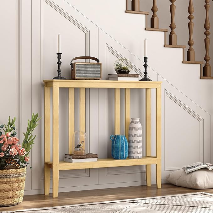 ELYKEN Console Tables for Entryway, 36.2" Long 2 Tier Hallway Table Behind Couch, 7” Narrow Sofa Table for Entrance, Entry, Living Room, Natural