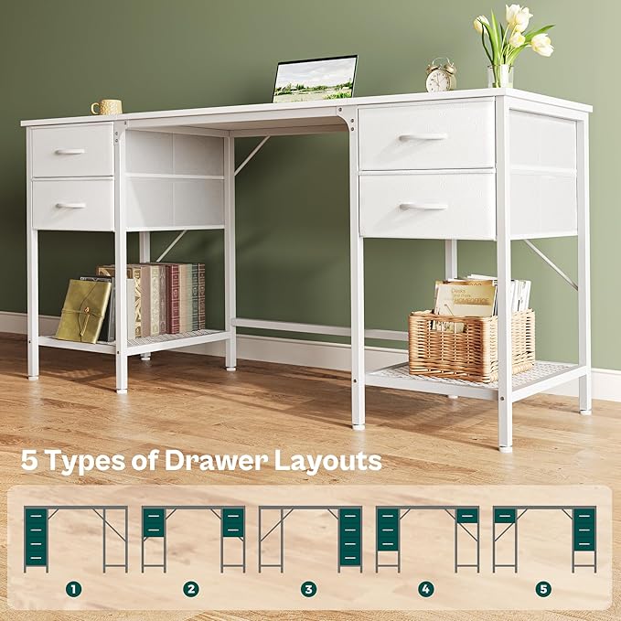 Huuger 63 Inch White Desk with 4 Drawers, Vanity Desk with Mesh Shelf, Large Storage, Computer Desk Office Desk for Home Office, Bedroom, Work from Home