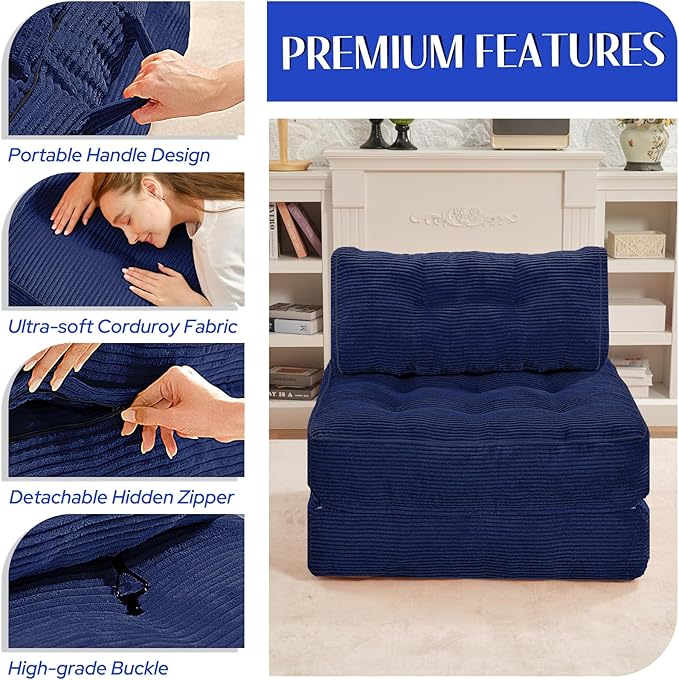 HABUTWAY Folding Sofa Bed, Convertible Sleeper Chair Bed w/Dual-Pillow & Handle, Foldable Floor Sofa Lounge w/Back Support for Living Room, Bedroom, Apartment, Office, Navy Blue