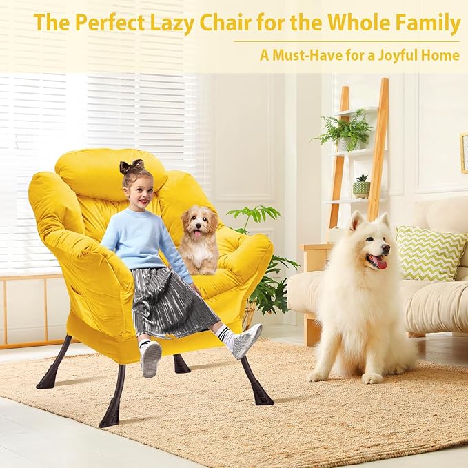 Lazy Chair Thick Padded, Comfy Velvet Accent Lounge Chair with Stable Frame, Leisure Sofa Armchair with Armrests and Side Pocket, Reading Chair for Bedroom, Living Room, Office, Yellow