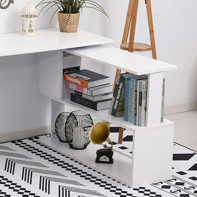 HOMCOM L Shaped Desk, Corner Computer Desk, 360 Degree Rotating Home Office Desk with Storage Shelves, Writing Table Workstation, White
