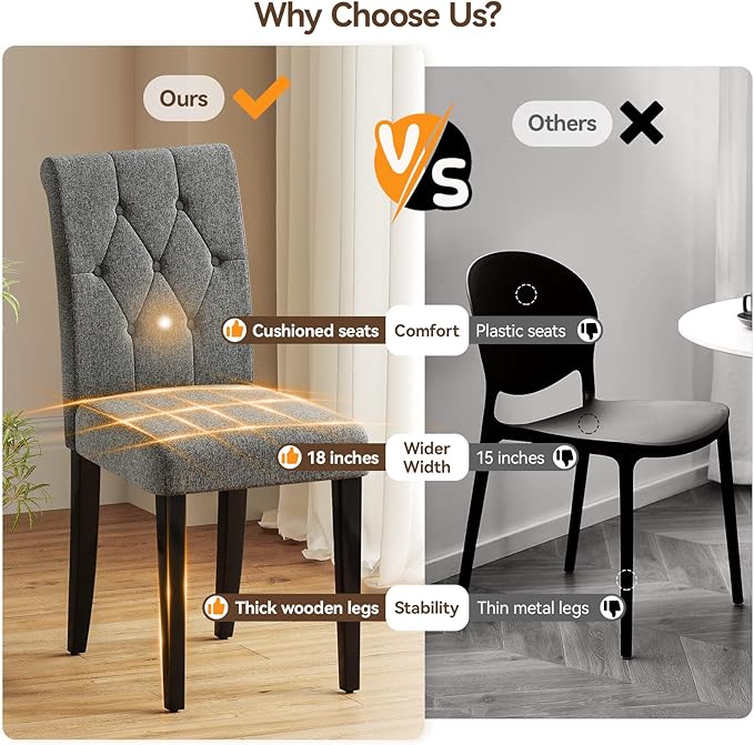 Upholstered Dining Chairs Set of 6, Button Tufted Parsons Dining Chair with Solid Wood Legs, Modern Fabric Side Chair for Dining Room/Kitchen/Restaurant/Hotel- Grey