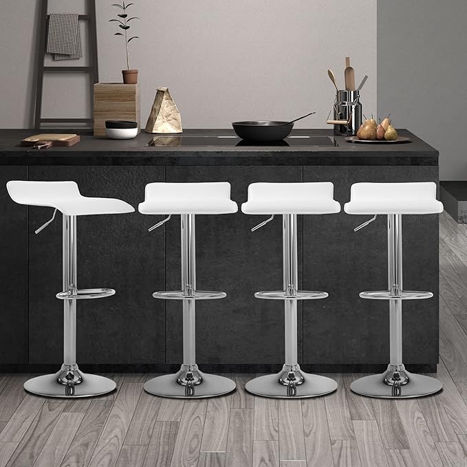 NOBPEINT Contemporary Chrome Air Lift Adjustable Swivel Bar Stool, Set of 2, White
