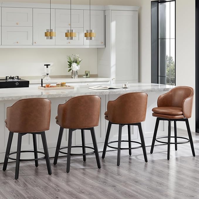 Counter Height Barstools 26 inch Upholstered Swivel Bar Stools with Back and Wood Legs for Kitchen Island,Set of 4,Brown PU Leather