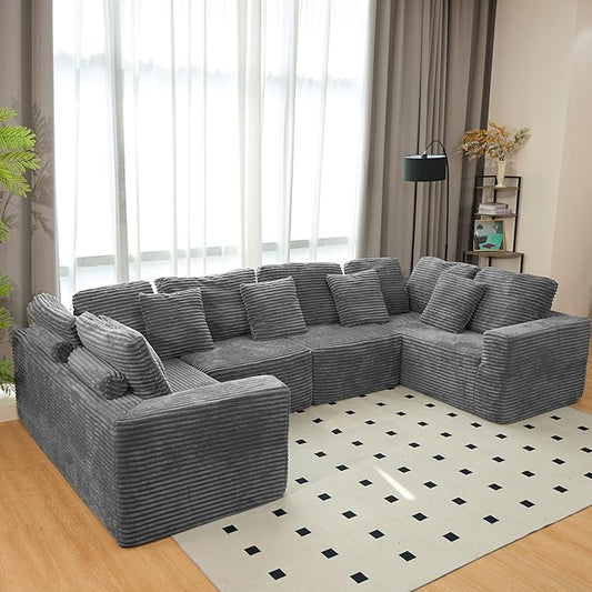 KEIKI 135" U Shape Sectional Sofa,6-Seater Modular Couch with Striped Corduroy Fabric for Living Room,Customizable Design