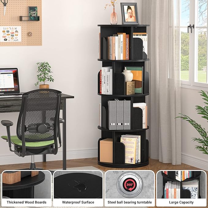Aheaplus Rotating Bookshelf, 360 Revolving Bookshelf Tower for Small Space, 4 Tier Floor Standing Bookcase Storage Rack, Wood Narrow Book Shelf Organizer for Bedroom, Living Room, Study Room, Black